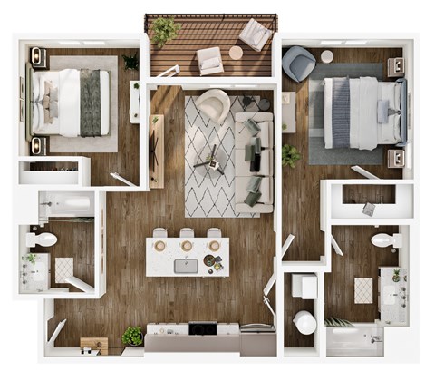 Floor plan for 2 beds, 2 baths, 1021 sqft